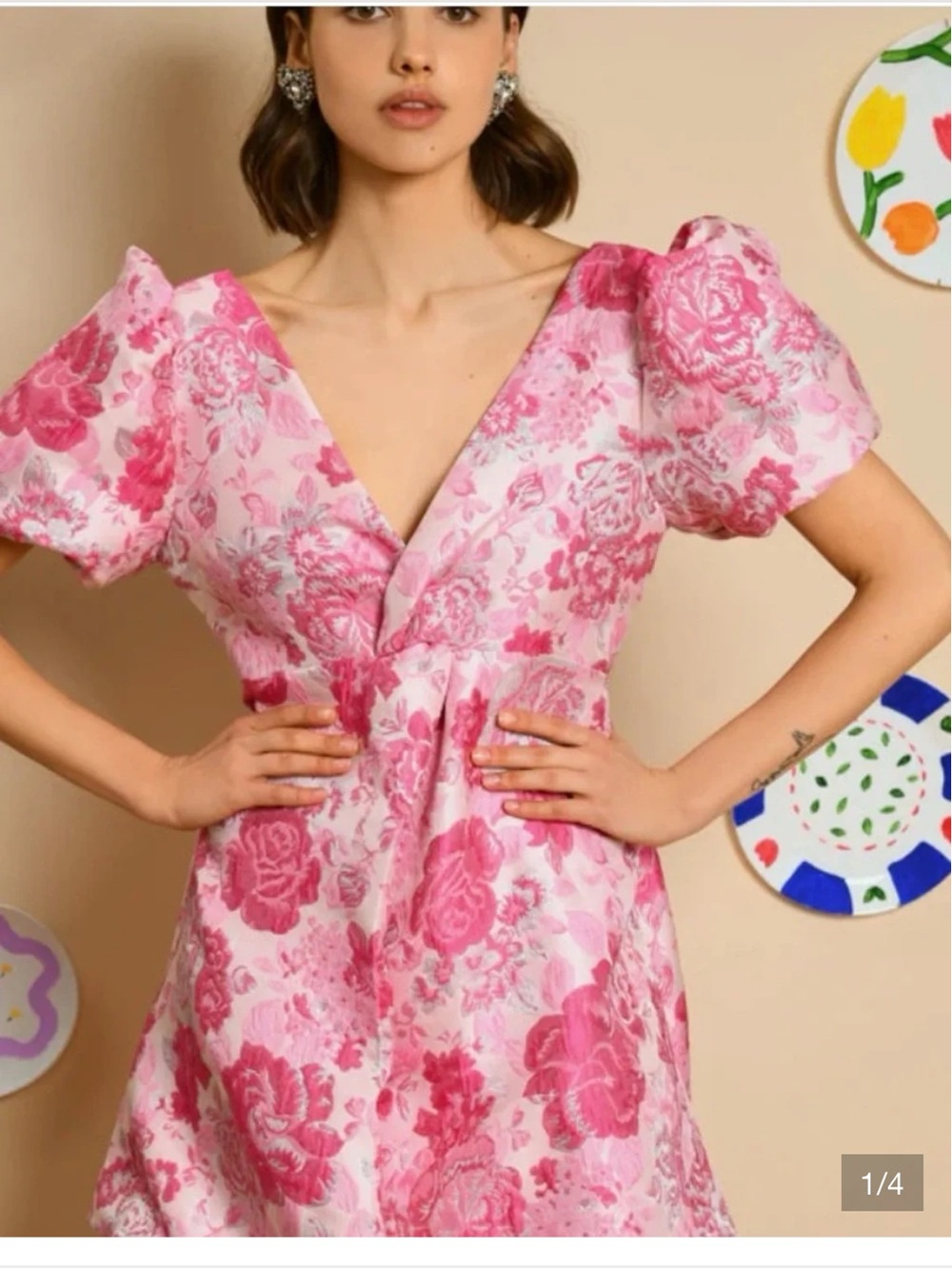 Sister Jane Pink Floral V-Neck Puff Sleeve Jacquard Mini Dress